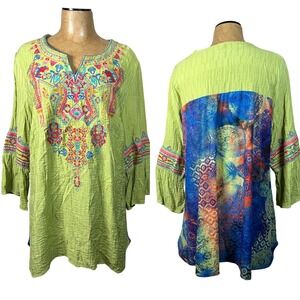 Calessa Womens XL Green Embroidered Tunic Bohemian Colorful Bright Peasant top